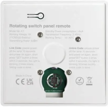LED DIMMER / CCT WHEEL WALL SWITCH, WHITE, CR2032, K1